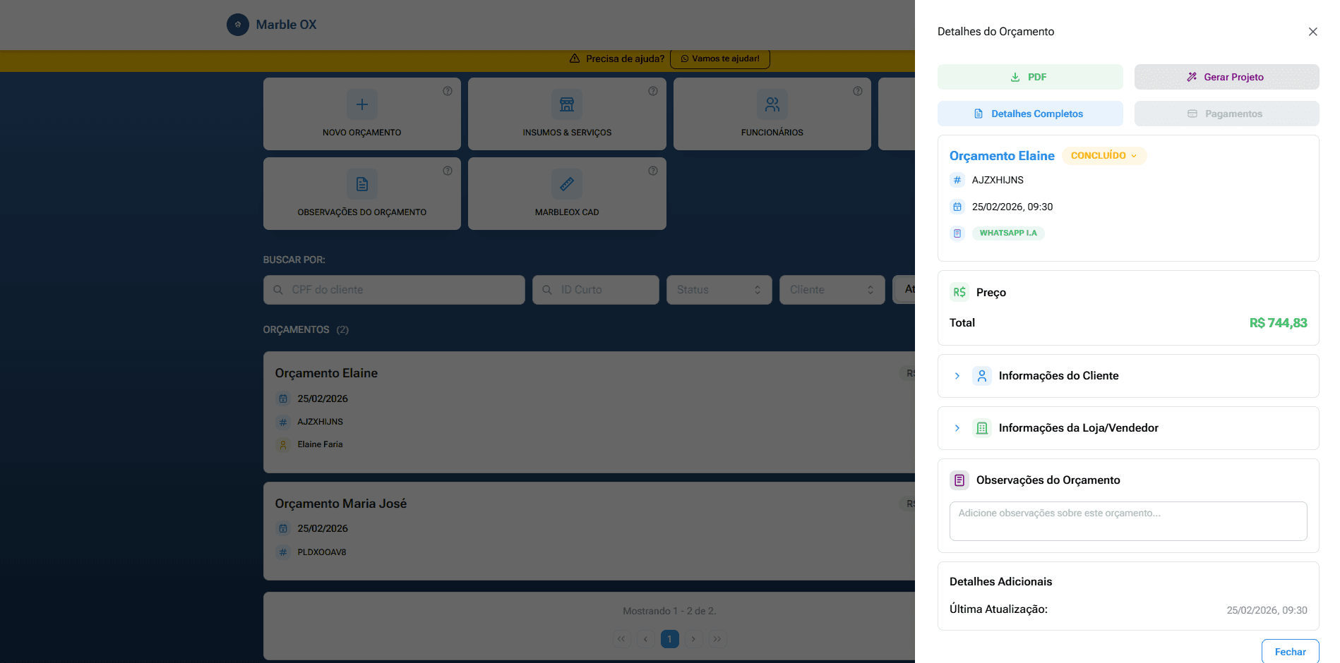 Tela de gestão comercial do MarbleOX