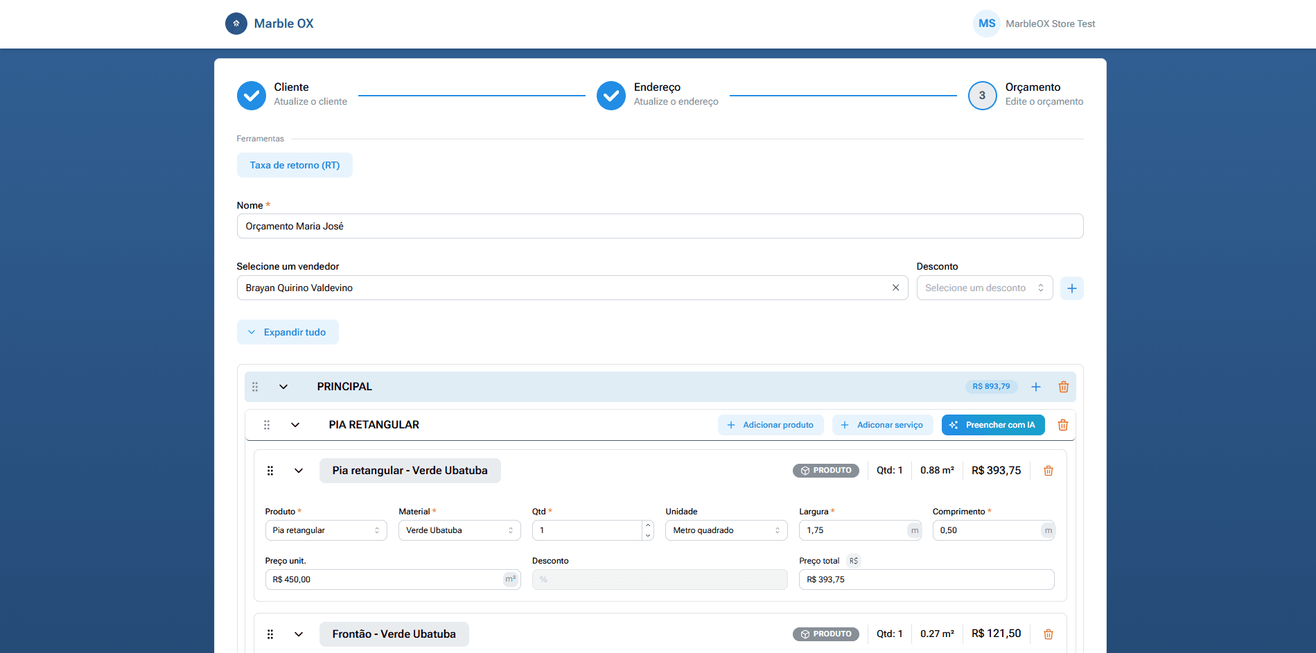 Tela de criação de orçamentos do MarbleOX